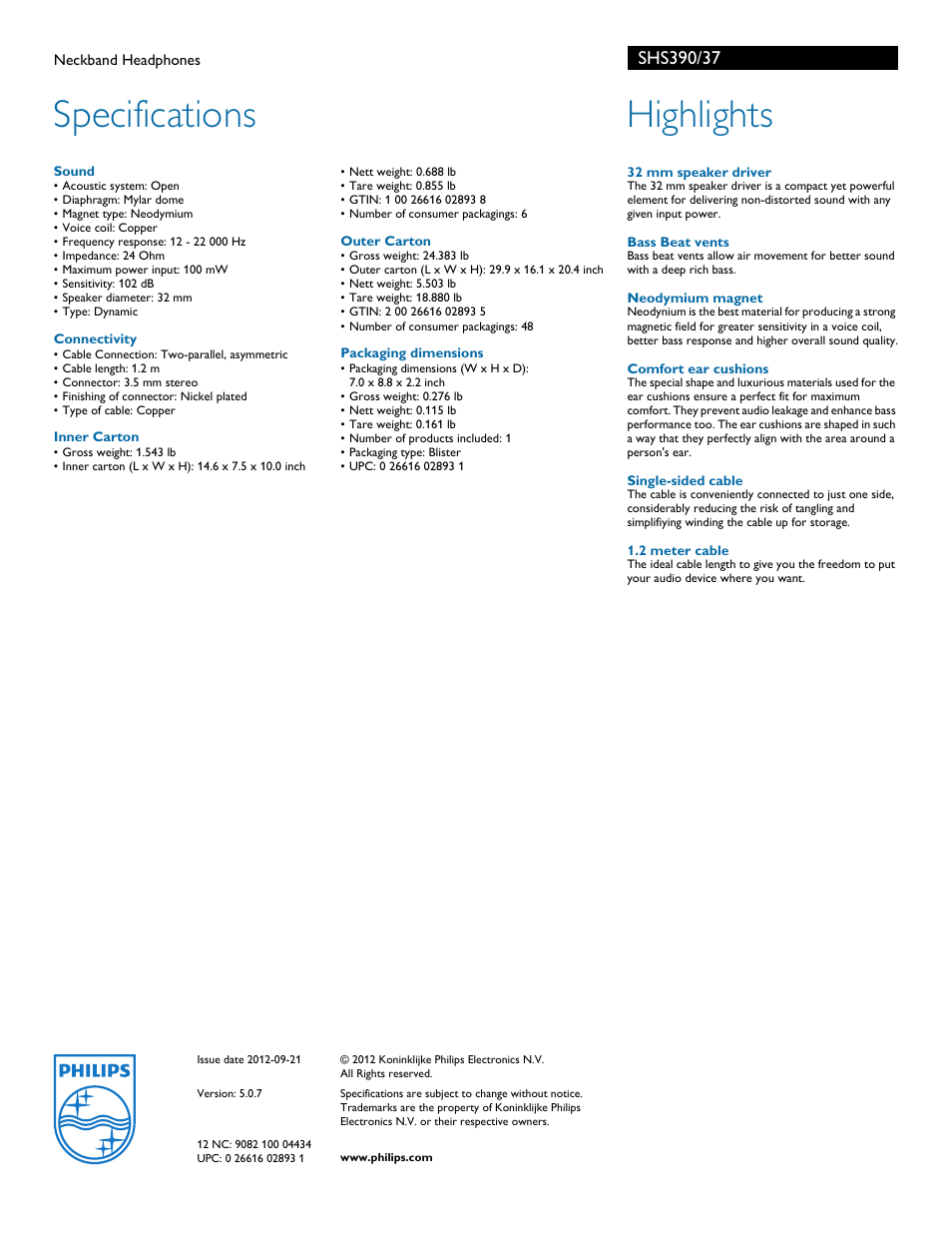 Specifications, Highlights | Philips SHS390-37 User Manual | Page 2 / 2