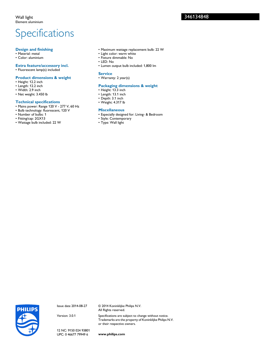 Specifications | Philips 346134848 User Manual | Page 2 / 2