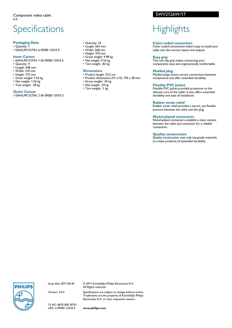 Specifications, Highlights | Philips SWV2126W-17 User Manual | Page 2 / 2