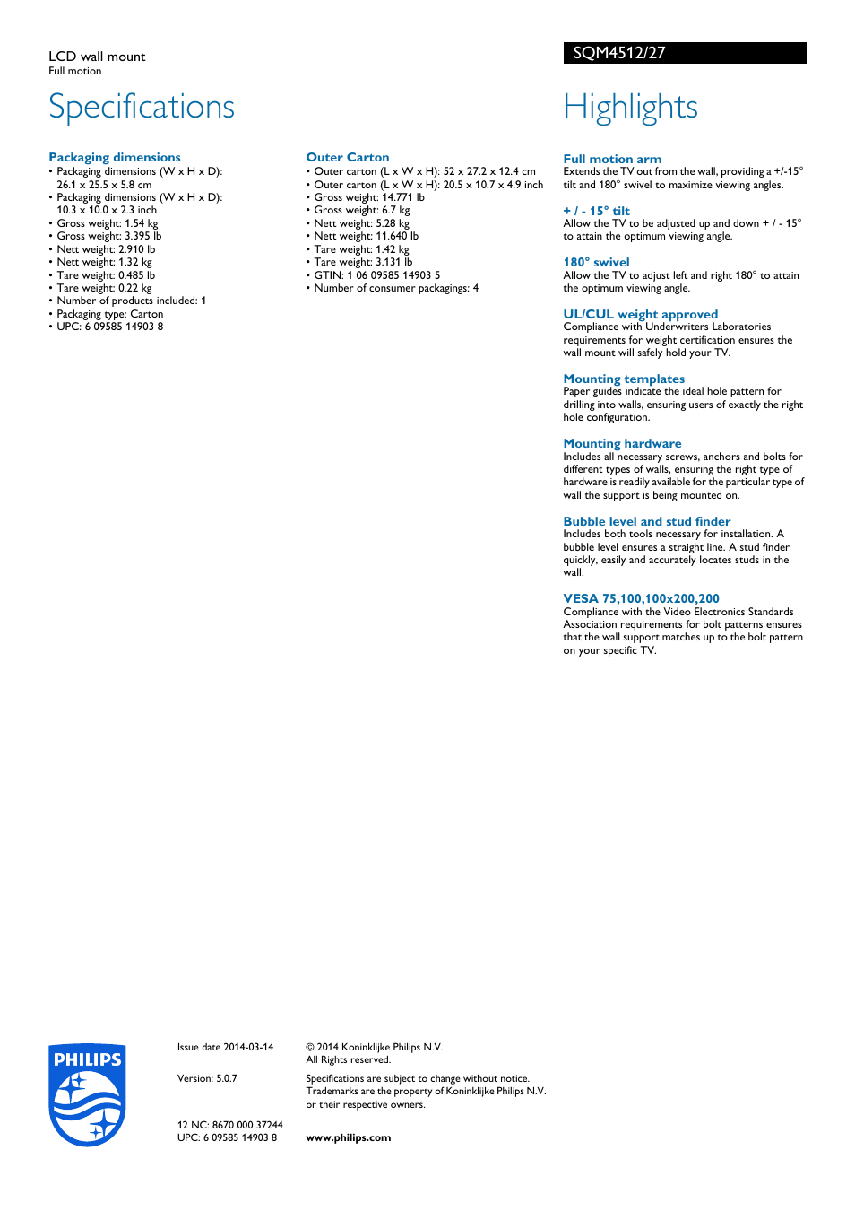 Specifications, Highlights | Philips SQM4512-27 User Manual | Page 2 / 2