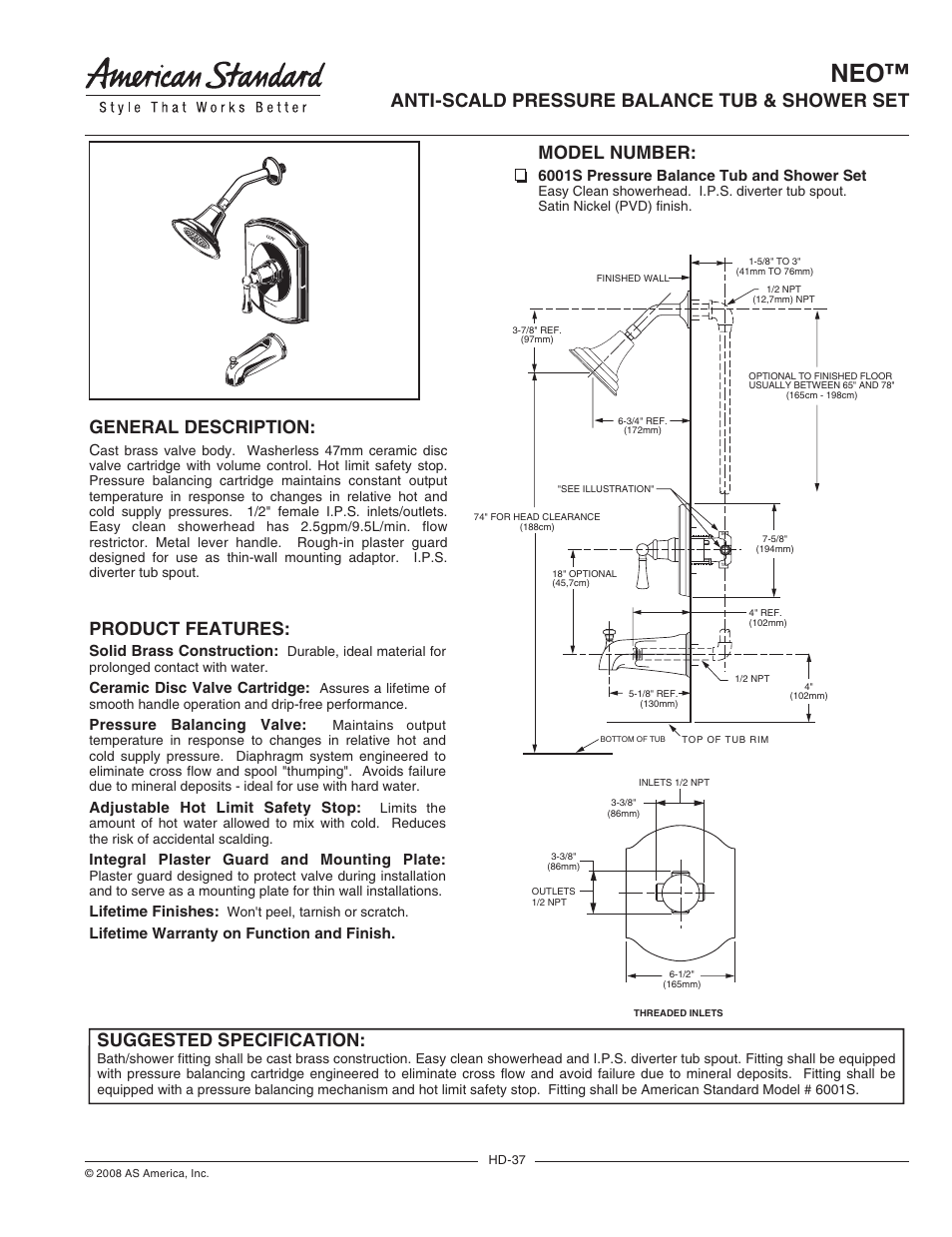 American Standard Neo Anti-Scald Pressure Balance Tub & Shower Set 6001S User Manual | 2 pages
