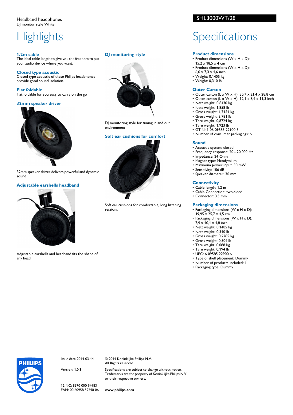 Highlights, Specifications | Philips SHL3000WT-28 User Manual | Page 2 / 2