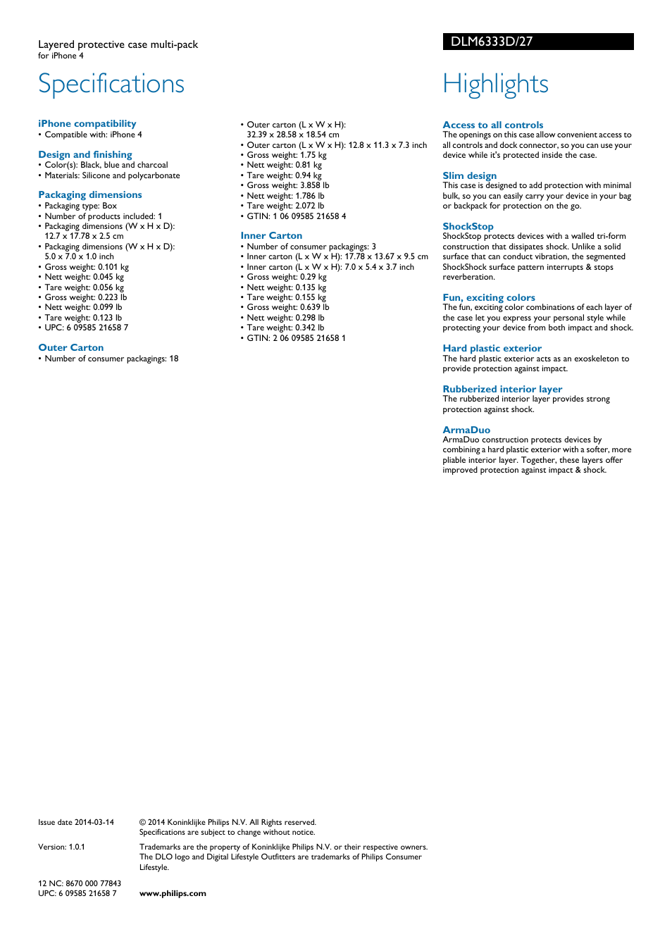 Specifications, Highlights | Philips DLM6333D-27 User Manual | Page 2 / 2