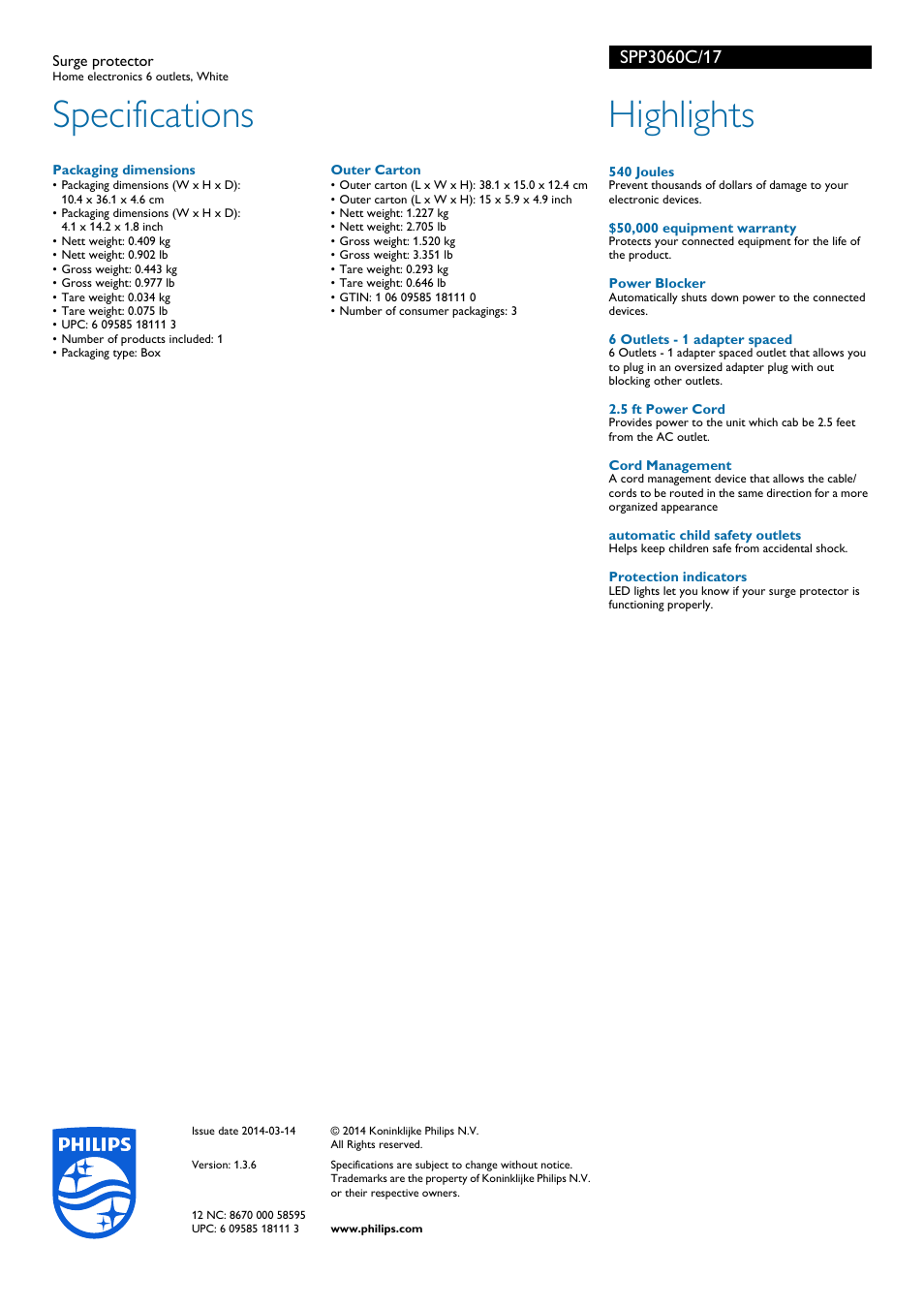 Specifications, Highlights | Philips Surge protector SPP3060C Home electronics 6 outlets White User Manual | Page 2 / 2