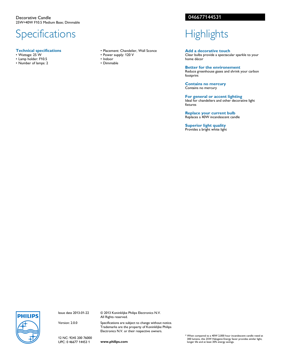 Specifications, Highlights | Philips 046677144531 User Manual | Page 2 / 2