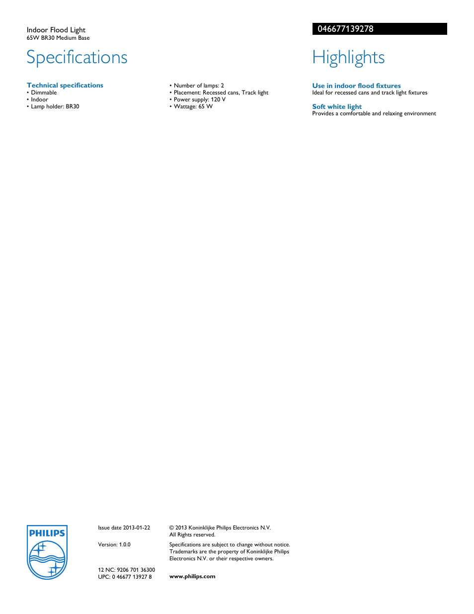 Specifications, Highlights | Philips 046677139278 User Manual | Page 2 / 2