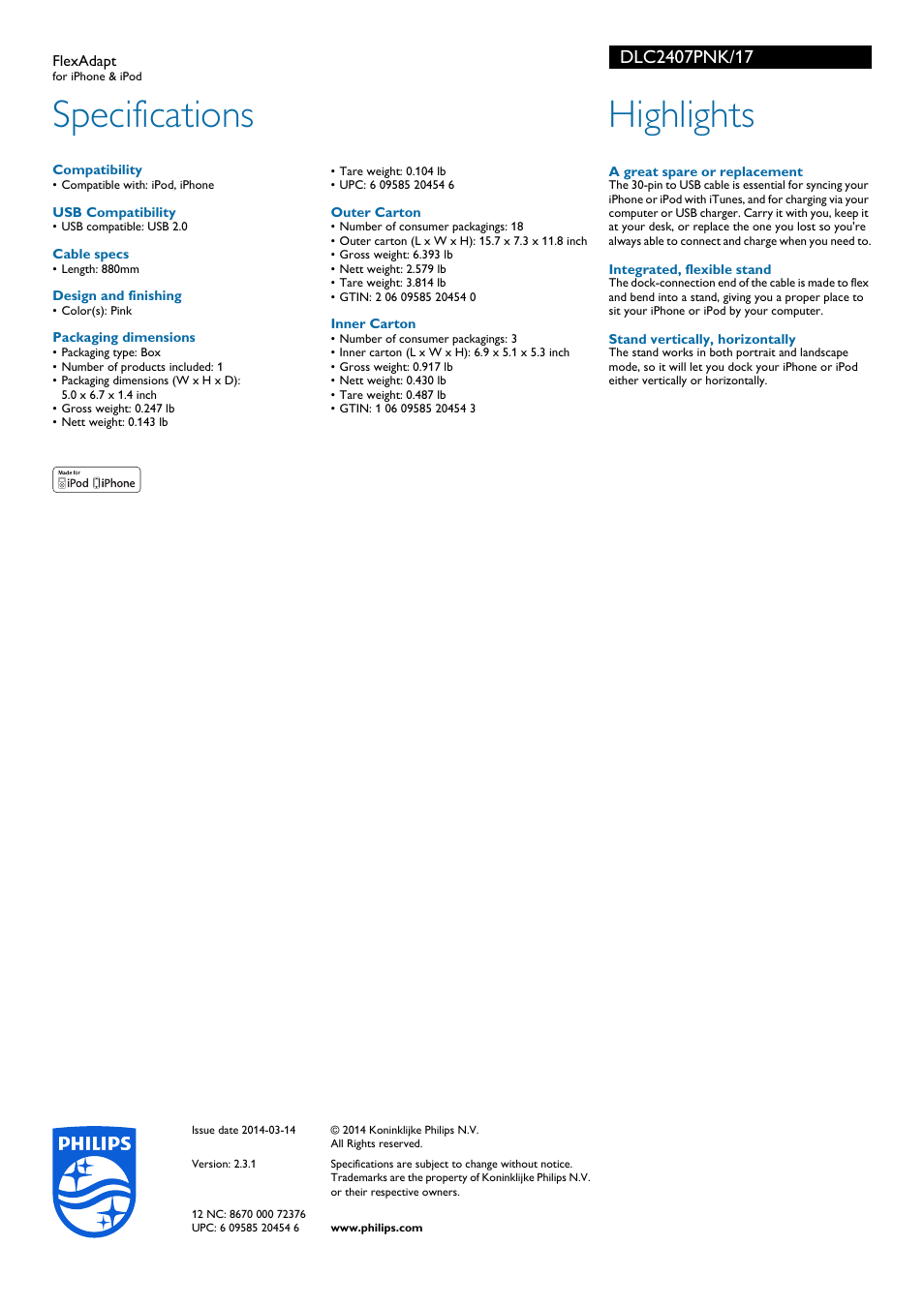 Specifications, Highlights | Philips FlexAdapt DLC2407PNK for iPhone & iPod User Manual | Page 2 / 2