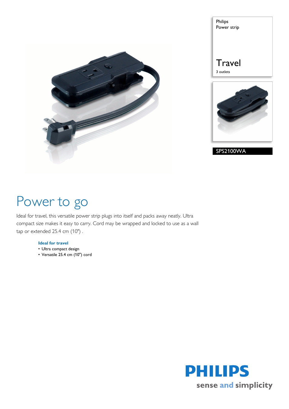 Philips Power strip SPS2100WA Travel 3 outlets User Manual | 2 pages