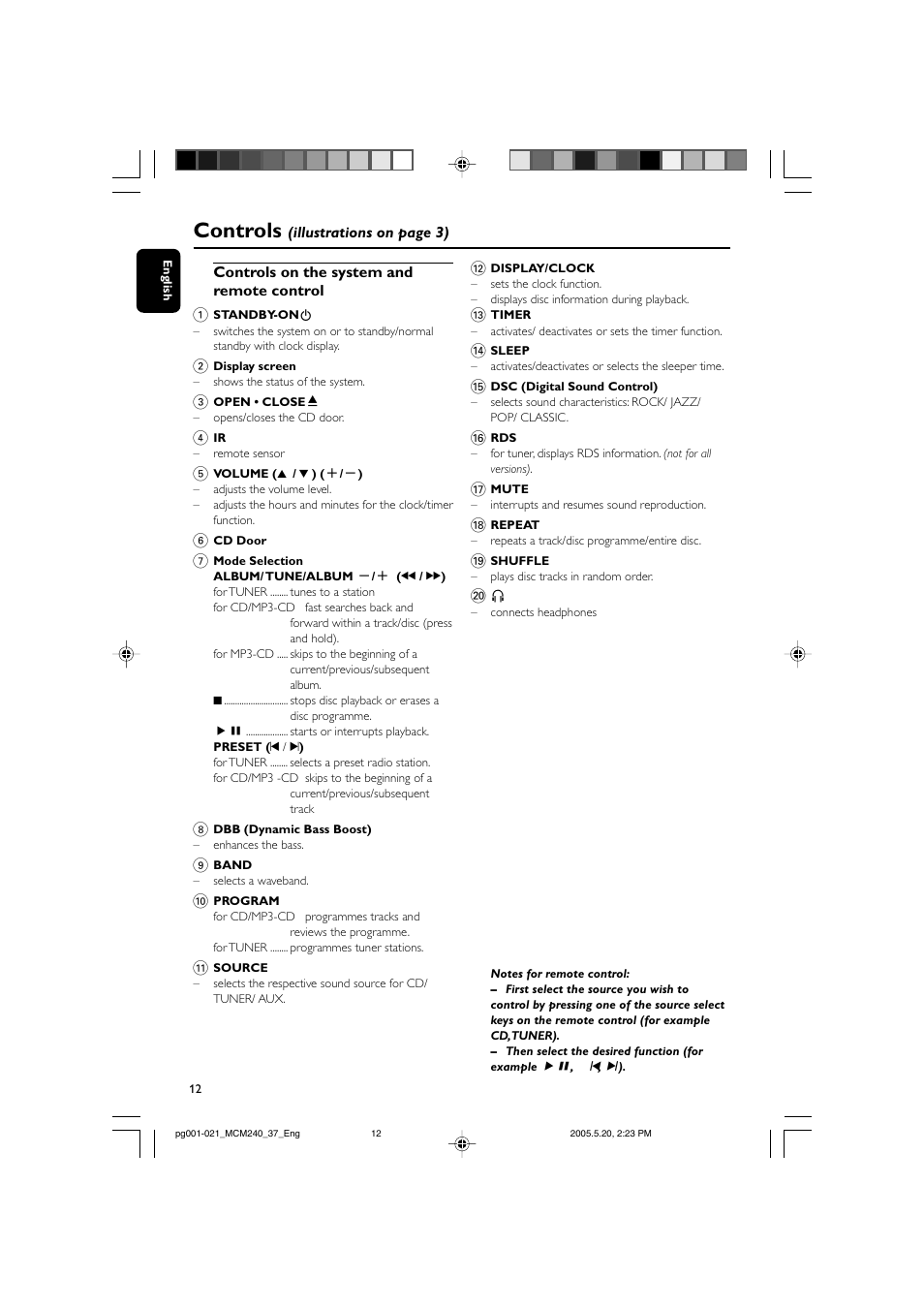 Controls | Philips MCM240-37B User Manual | Page 12 / 21