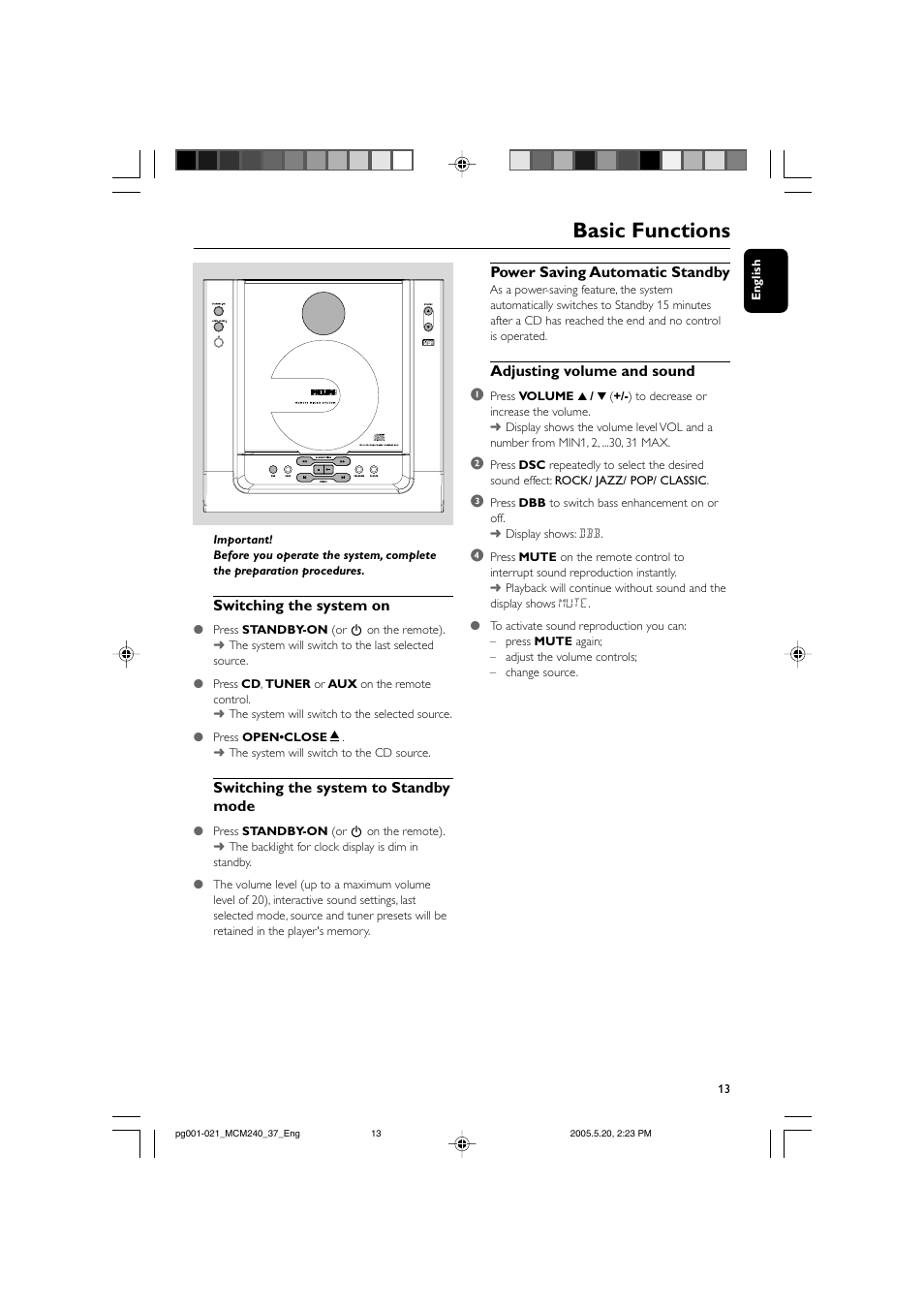 Basic functions, Switching the system on, Switching the system to standby mode | Power saving automatic standby, Adjusting volume and sound 1 | Philips MCM240-37B User Manual | Page 13 / 21