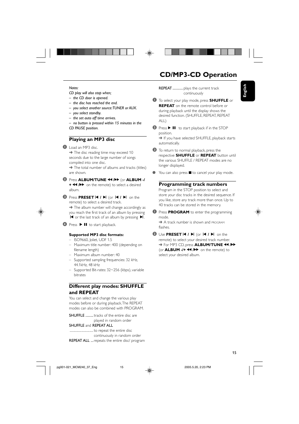 Cd/mp3-cd operation, Playing an mp3 disc 1, Different play modes: shuffle and repeat | Programming track numbers | Philips MCM240-37B User Manual | Page 15 / 21