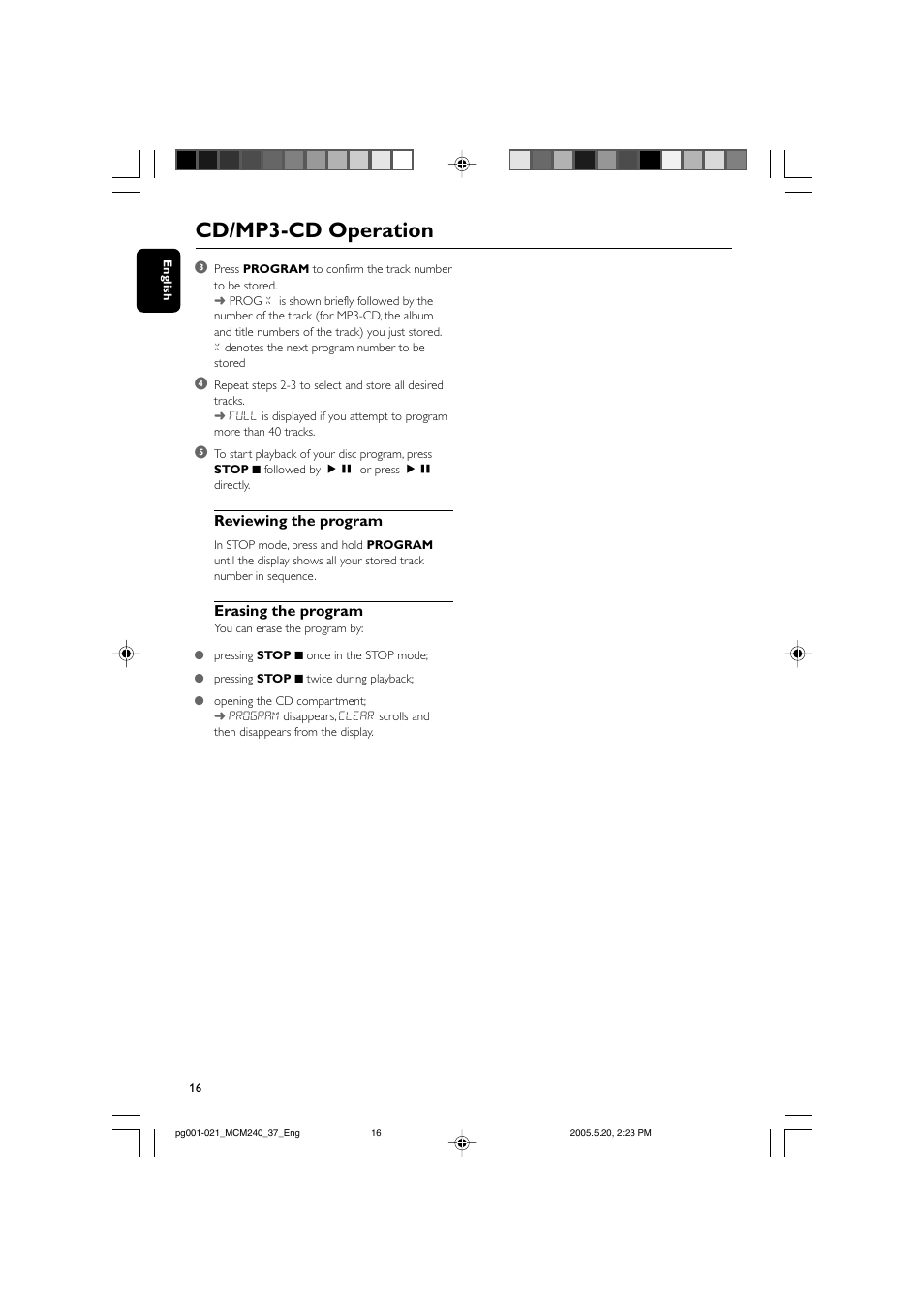 Cd/mp3-cd operation, Reviewing the program, Erasing the program | Philips MCM240-37B User Manual | Page 16 / 21