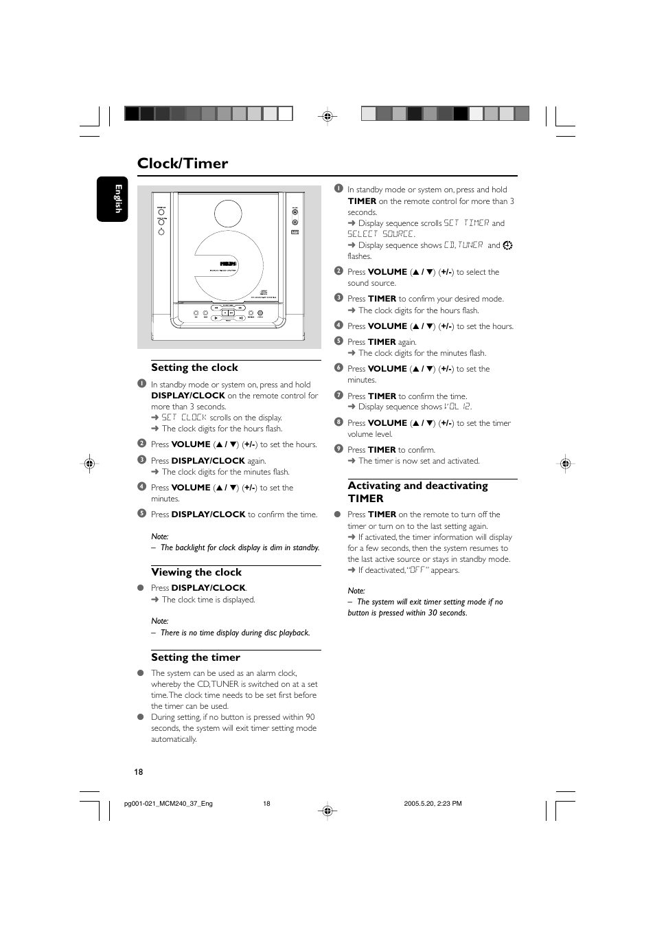 Clock/timer | Philips MCM240-37B User Manual | Page 18 / 21