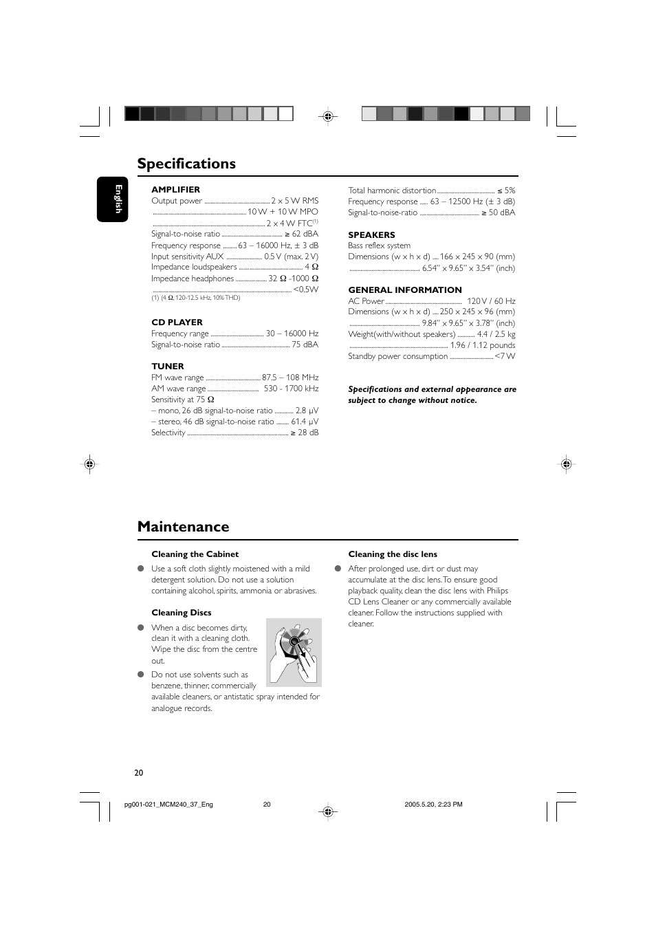 Maintenance specifications | Philips MCM240-37B User Manual | Page 20 / 21