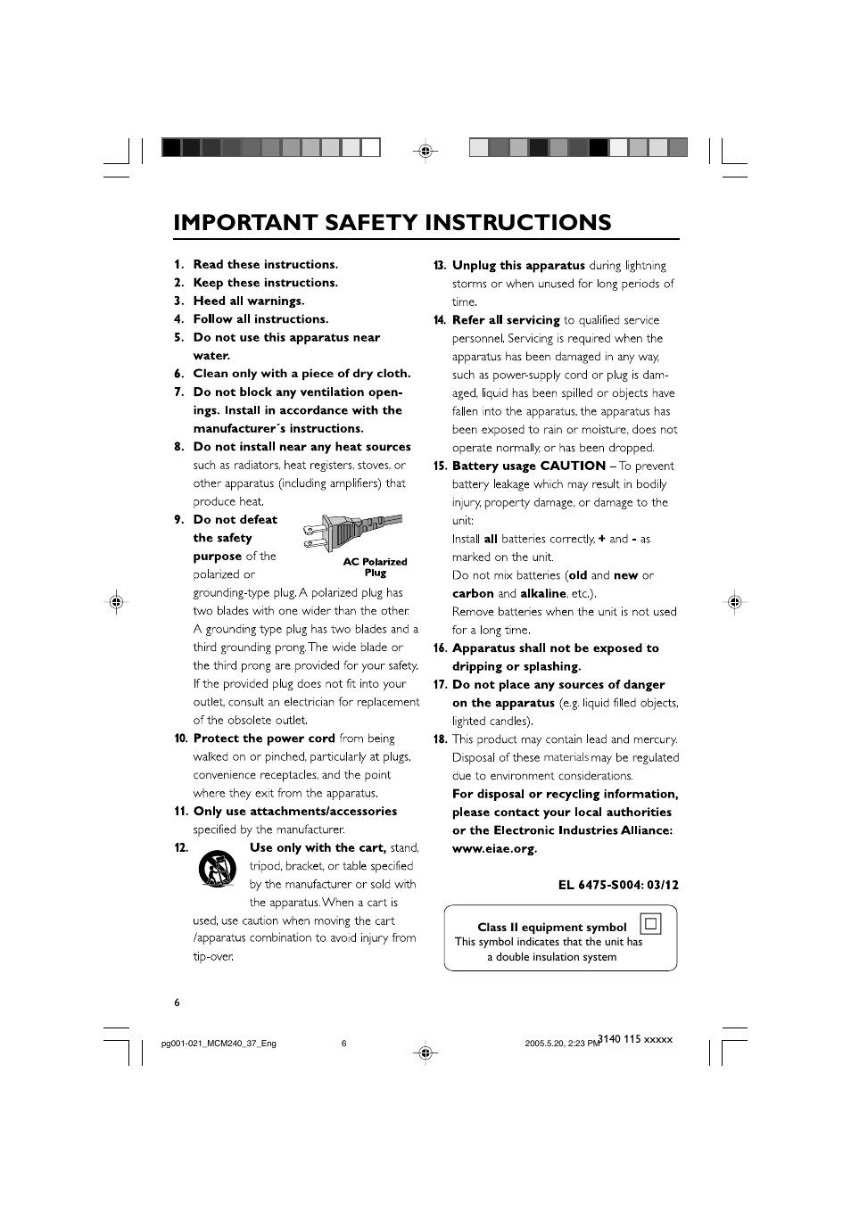 Important safety instructions | Philips MCM240-37B User Manual | Page 6 / 21