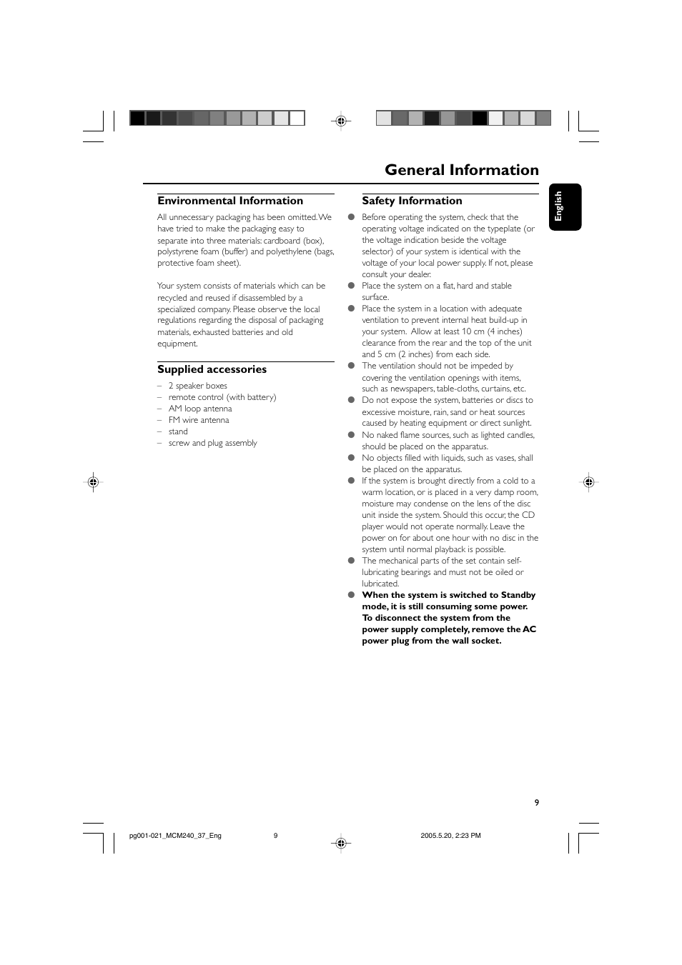 General information, Environmental information, Supplied accessories | Safety information | Philips MCM240-37B User Manual | Page 9 / 21