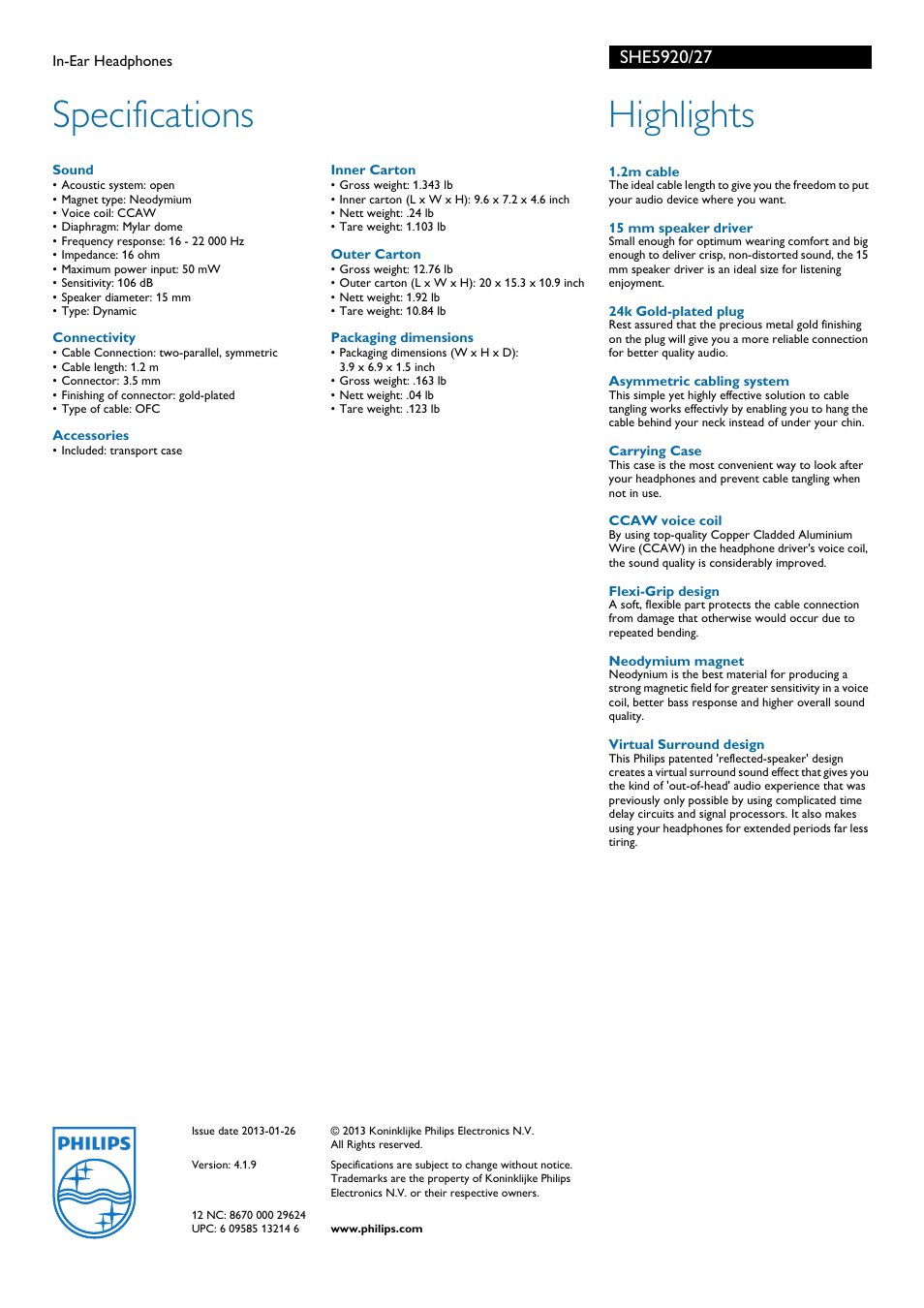 Specifications, Highlights | Philips SHE5920-27 User Manual | Page 2 / 2