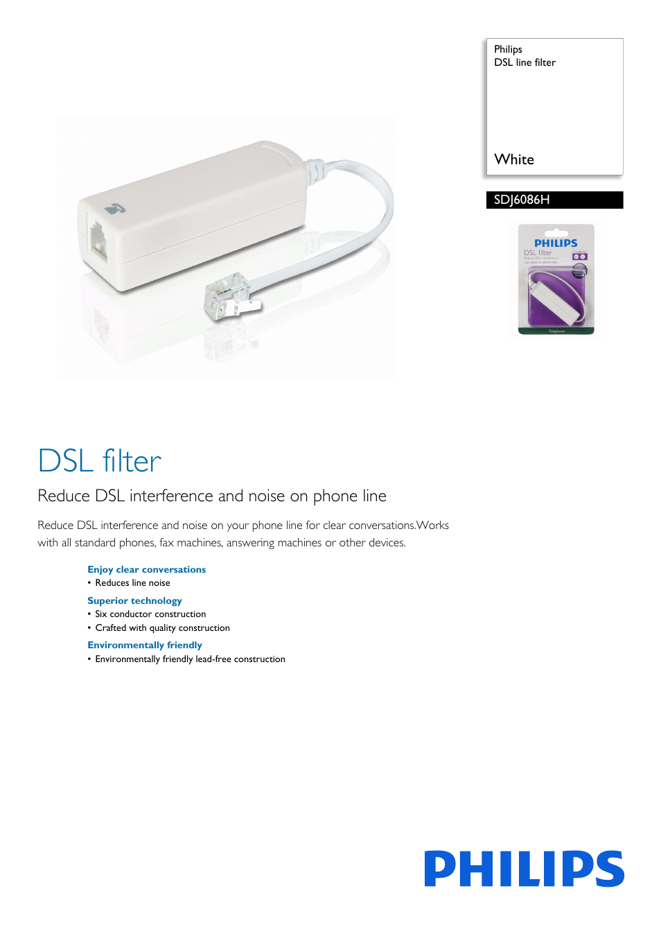 Philips DSL line filter SDJ6086H White User Manual | 2 pages