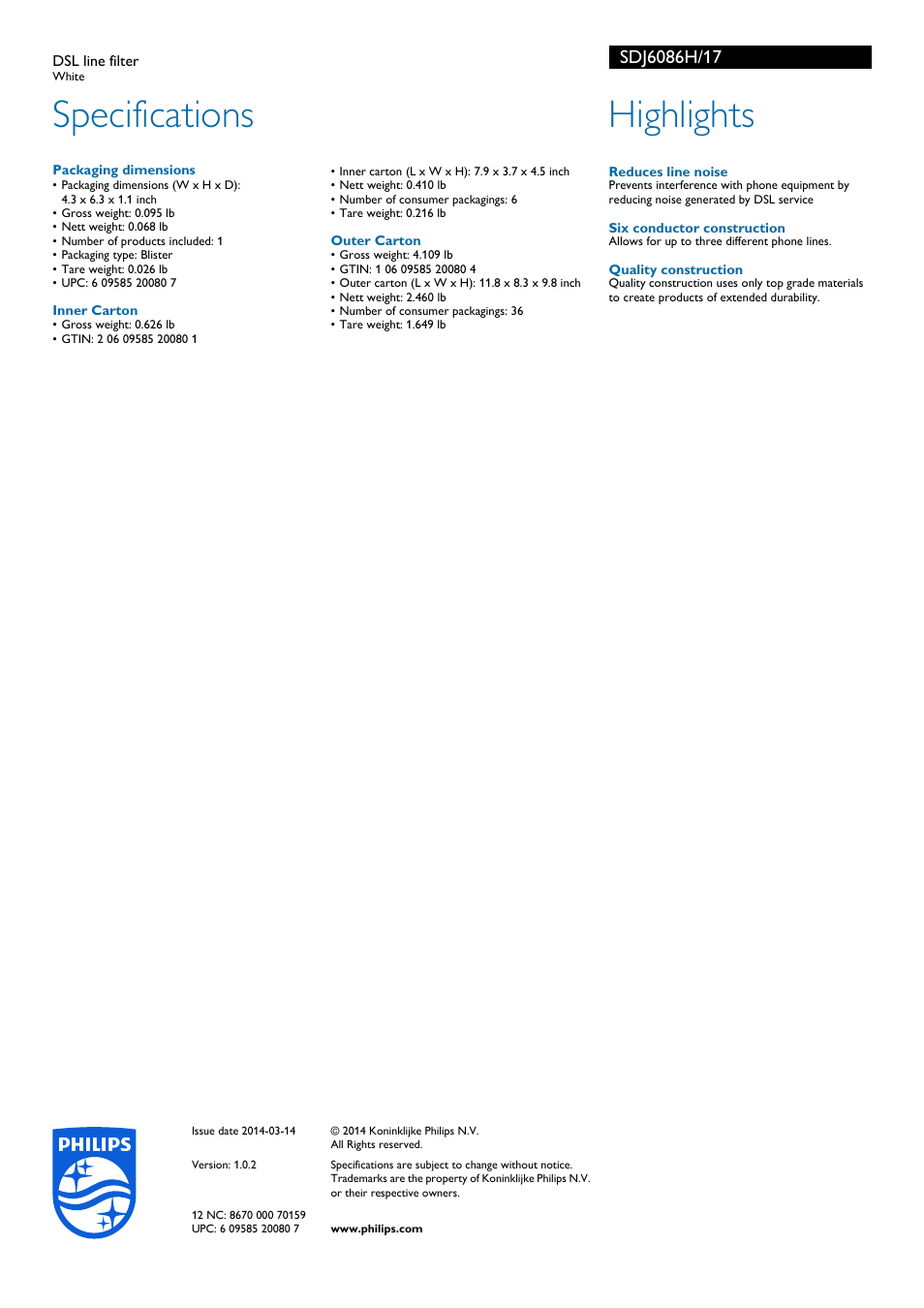 Specifications, Highlights | Philips DSL line filter SDJ6086H White User Manual | Page 2 / 2