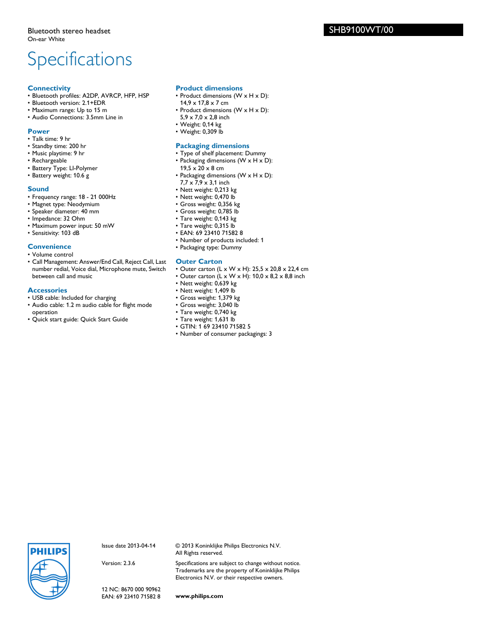 Specifications | Philips SHB9100WT-00 User Manual | Page 3 / 3