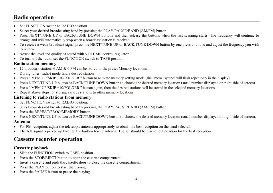 Radio operation, Cassette recorder operation | Hyundai H-1405 User Manual | Page 4 / 16