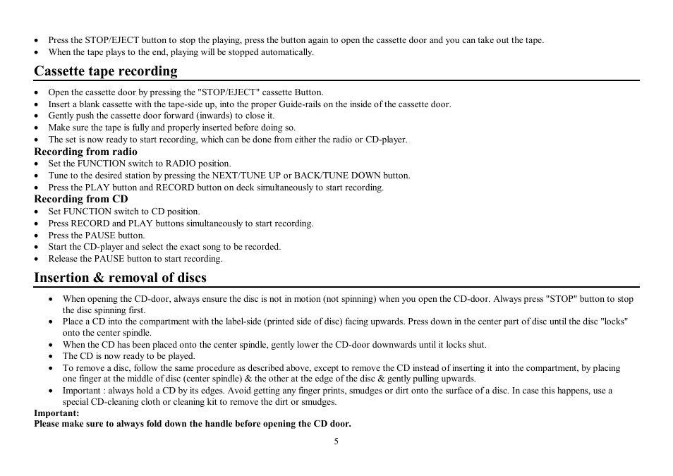 Cassette tape recording, Insertion & removal of discs | Hyundai H-1405 User Manual | Page 5 / 16