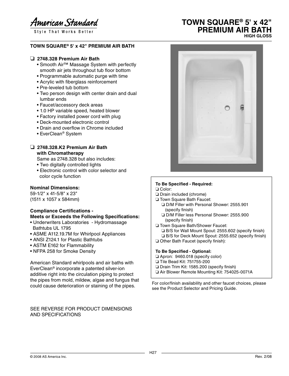 American Standard 2748.328 User Manual | 2 pages