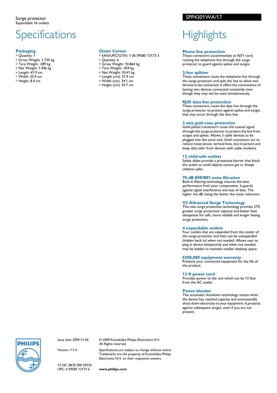 Specifications, Highlights | Philips SPP4301WA-17 User Manual | Page 2 / 2