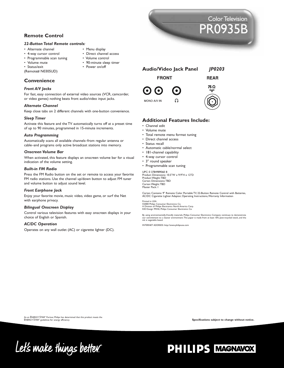 Pr0935b, Color television, Remote control | Convenience | Philips PR0935B User Manual | Page 2 / 2