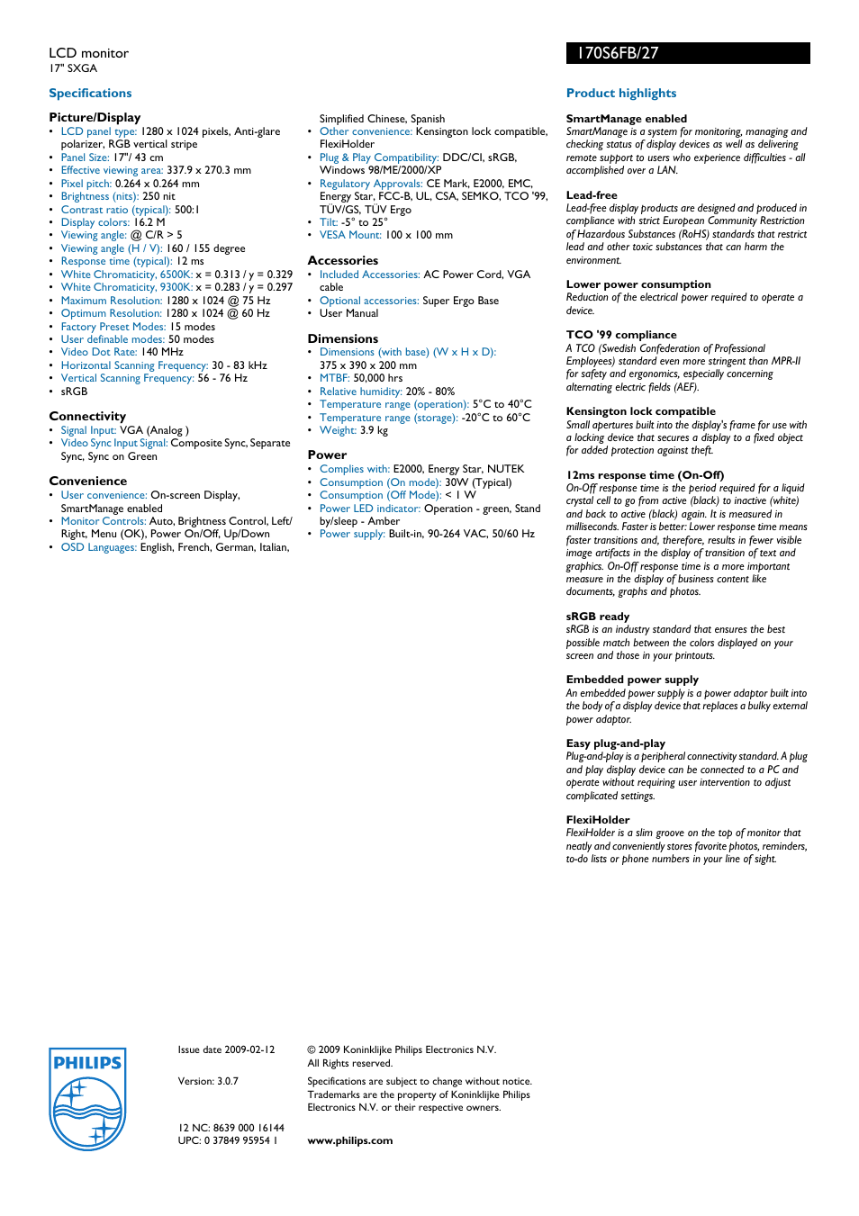 Philips 170S6FB-27 User Manual | Page 2 / 2