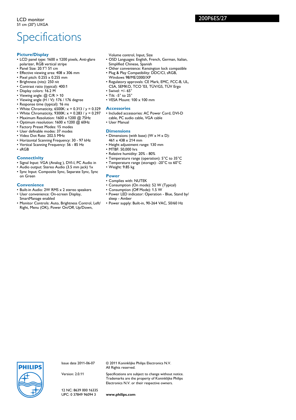 Specifications | Philips 200P6ES-27 User Manual | Page 3 / 3