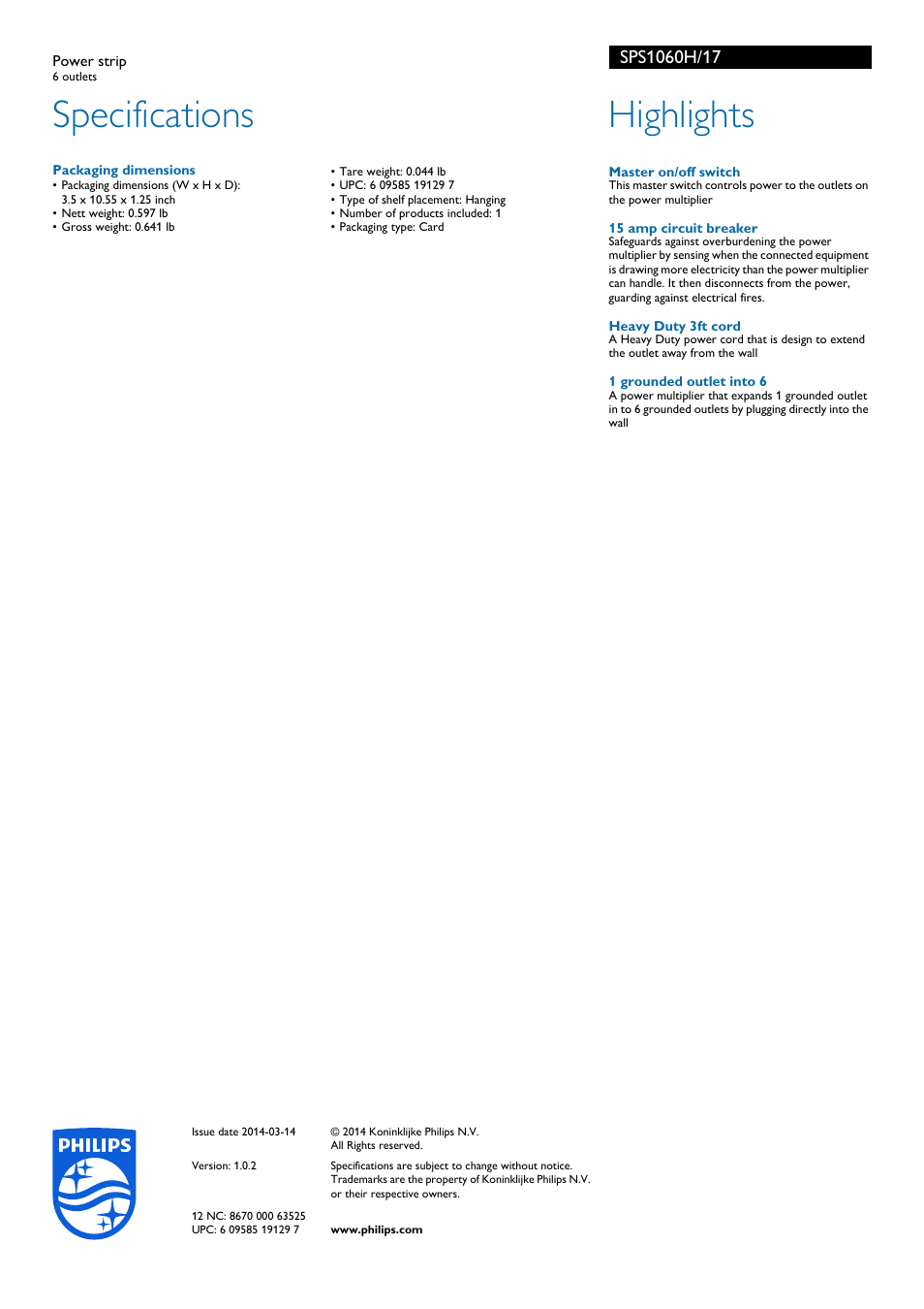 Specifications, Highlights | Philips SPS1060H-17 User Manual | Page 2 / 2