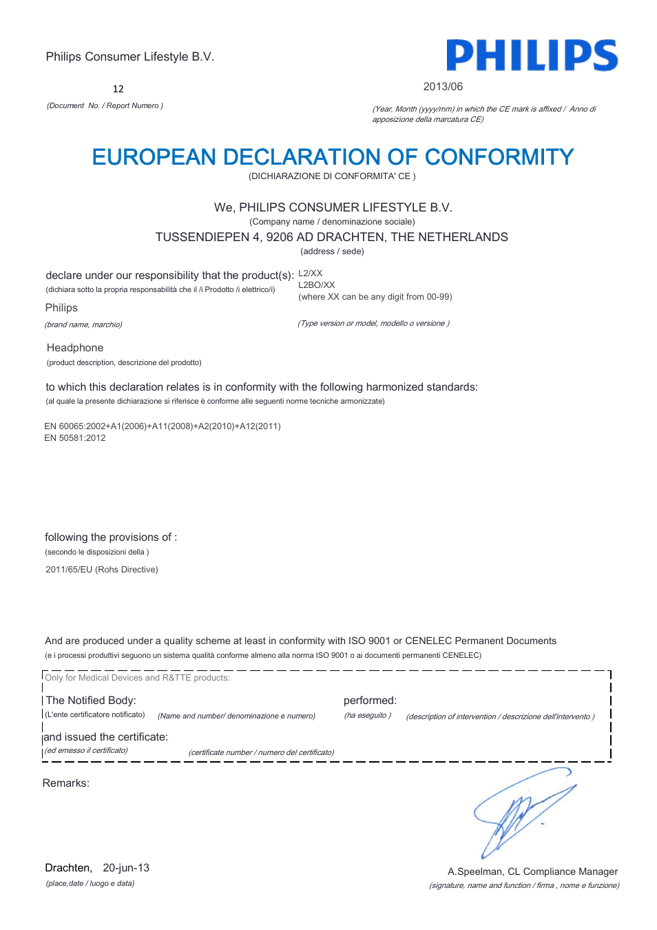 European declaration of conformity | Philips L2BO-00 User Manual | Page 10 / 21