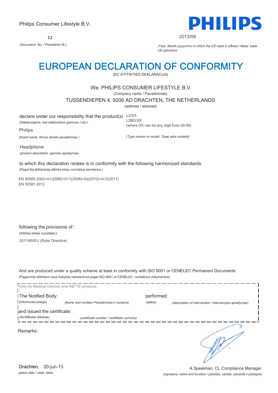 European declaration of conformity | Philips L2BO-00 User Manual | Page 11 / 21