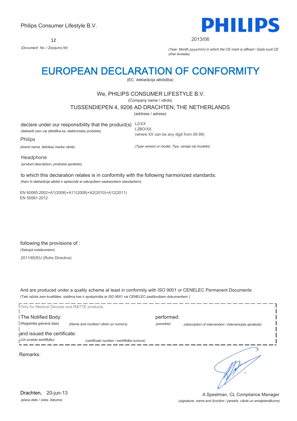 European declaration of conformity | Philips L2BO-00 User Manual | Page 12 / 21
