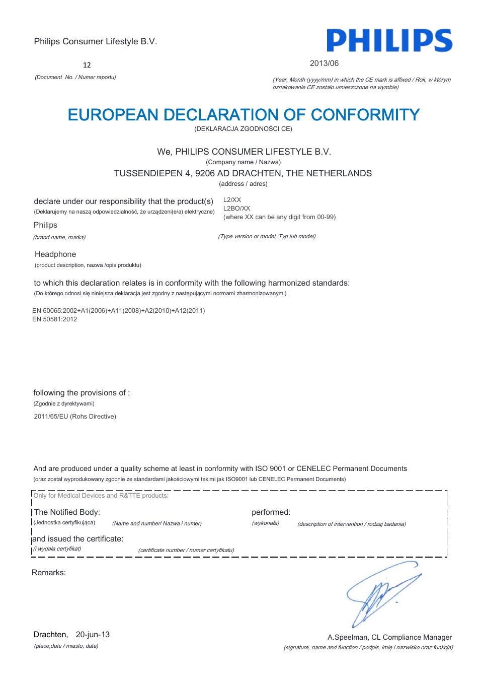 European declaration of conformity | Philips L2BO-00 User Manual | Page 13 / 21