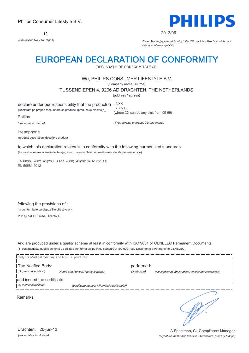 European declaration of conformity | Philips L2BO-00 User Manual | Page 15 / 21