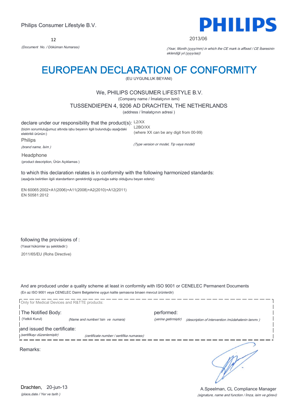 European declaration of conformity | Philips L2BO-00 User Manual | Page 19 / 21