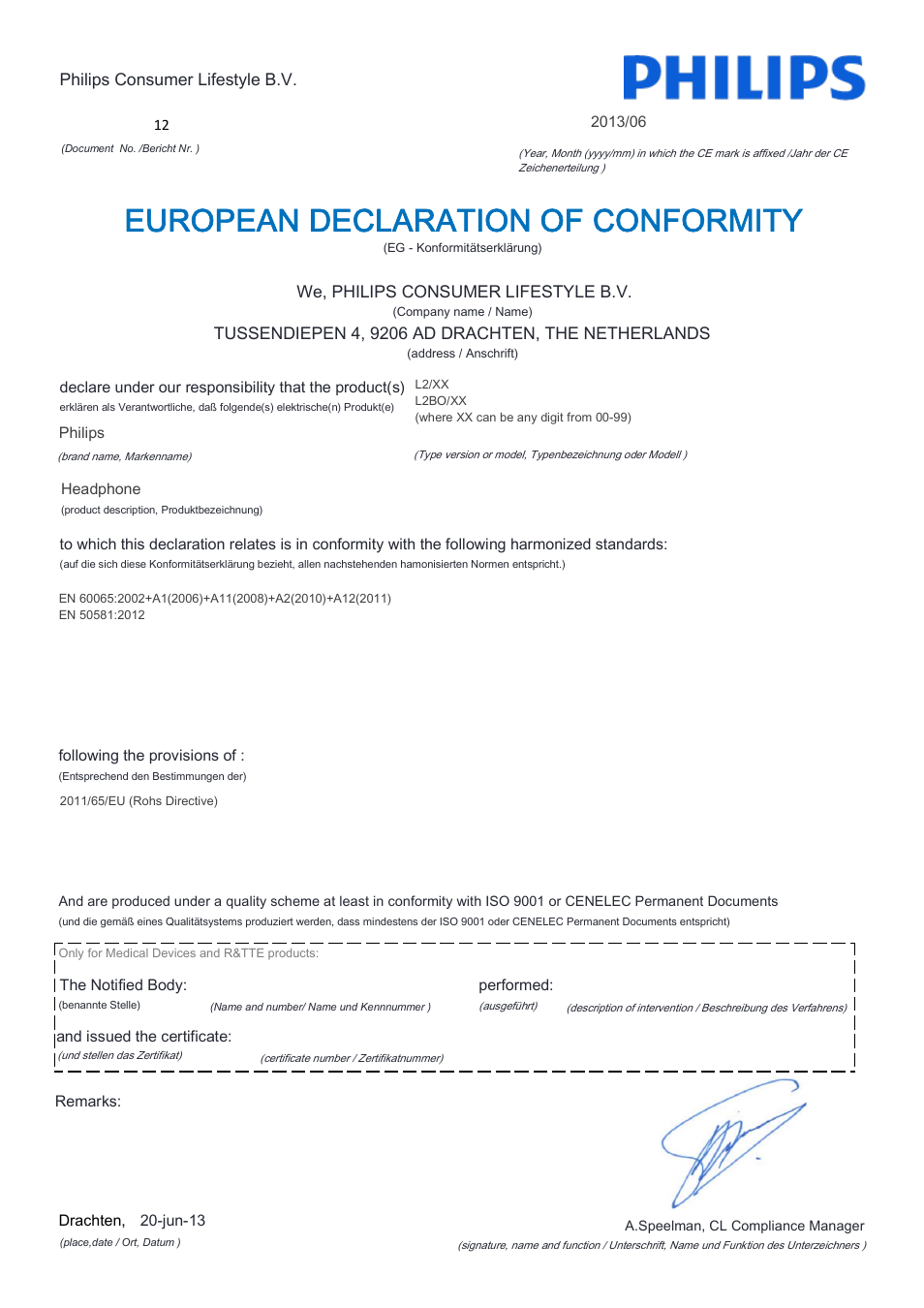 European declaration of conformity | Philips L2BO-00 User Manual | Page 2 / 21