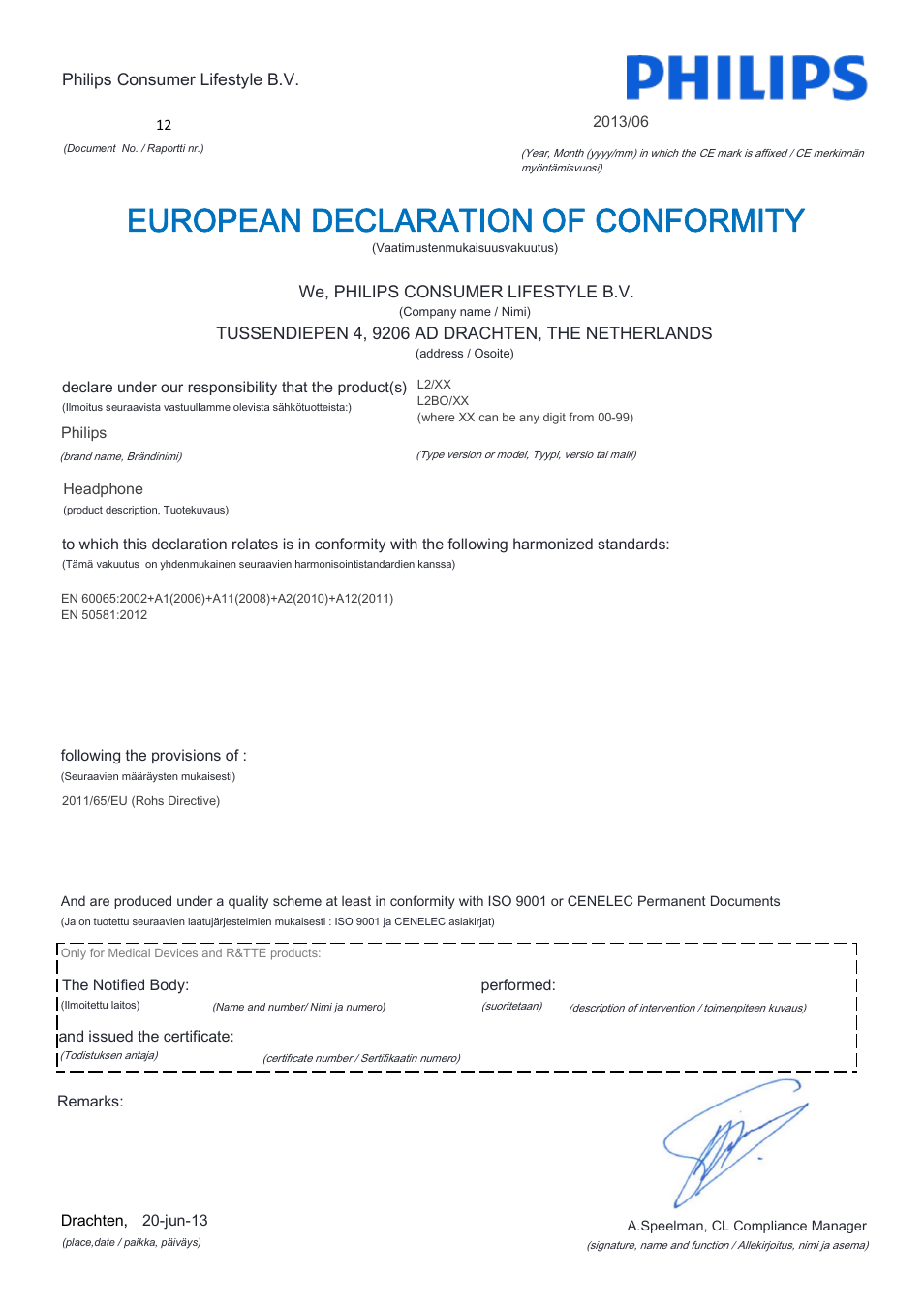 European declaration of conformity | Philips L2BO-00 User Manual | Page 8 / 21