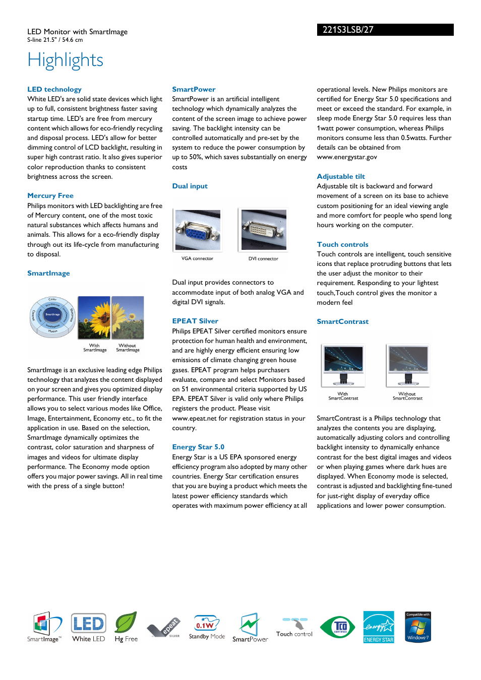 Highlights | Philips 221S3LSB-27 User Manual | Page 2 / 3
