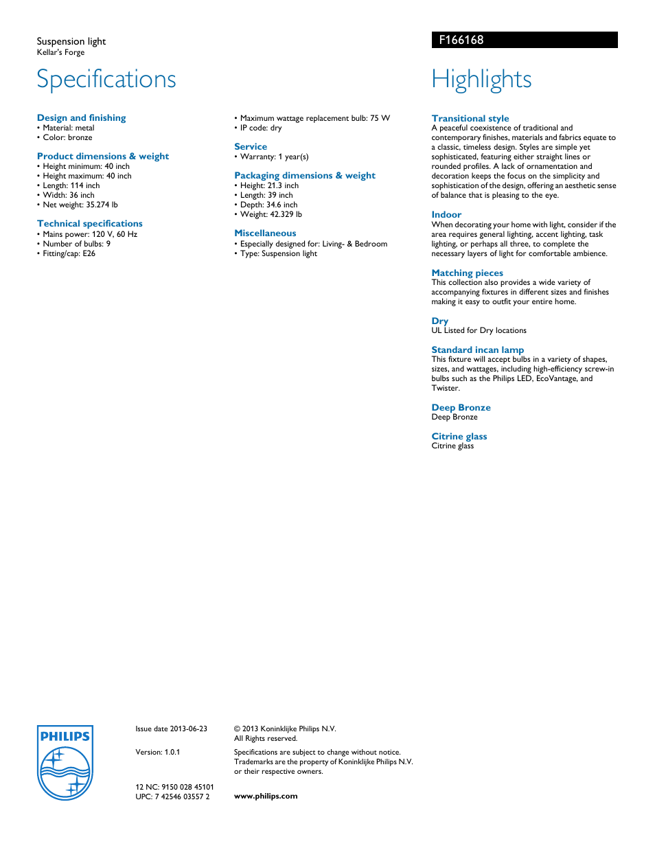 Specifications, Highlights | Philips F166168 User Manual | Page 2 / 2