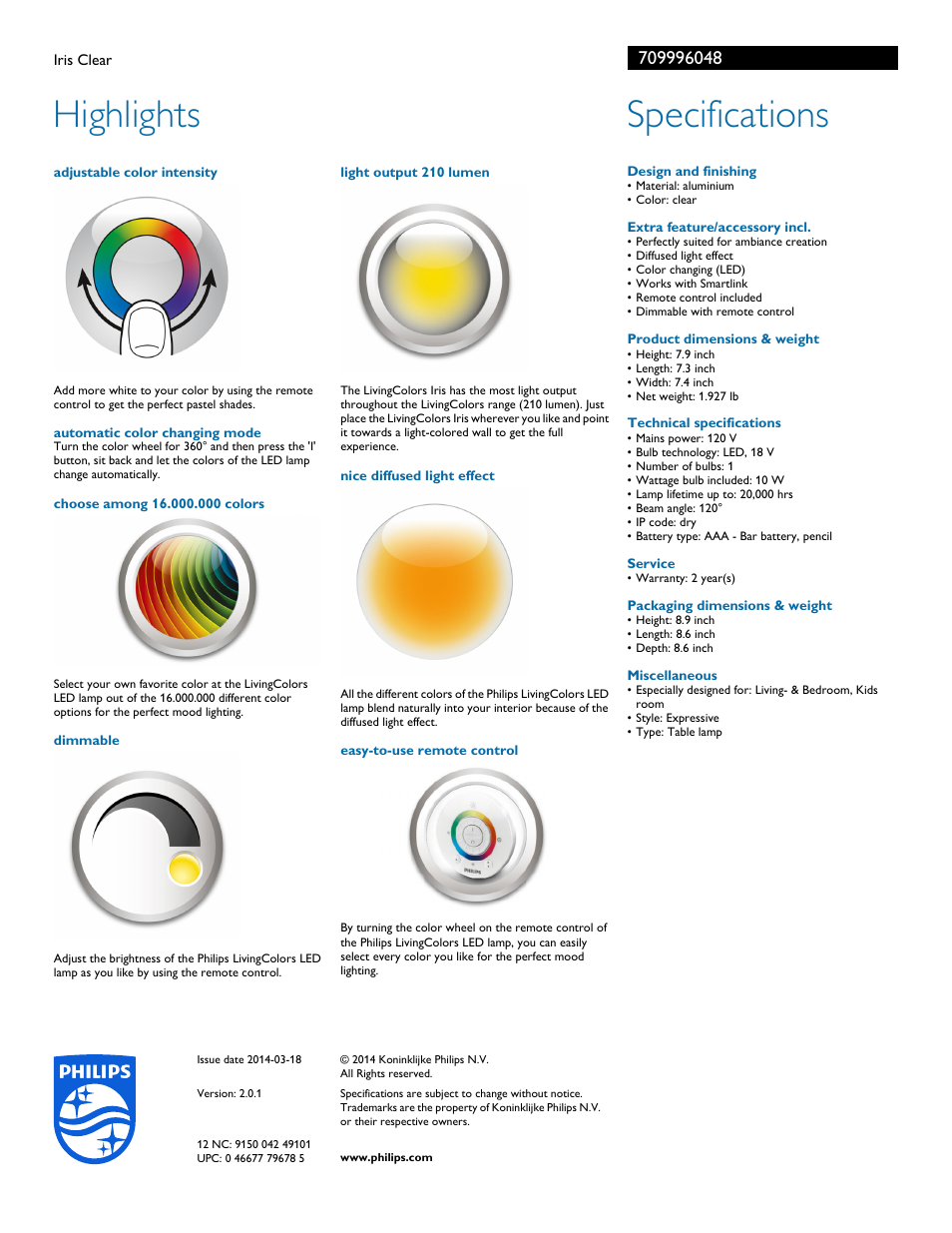 Highlights, Specifications | Philips 709996048 User Manual | Page 2 / 2