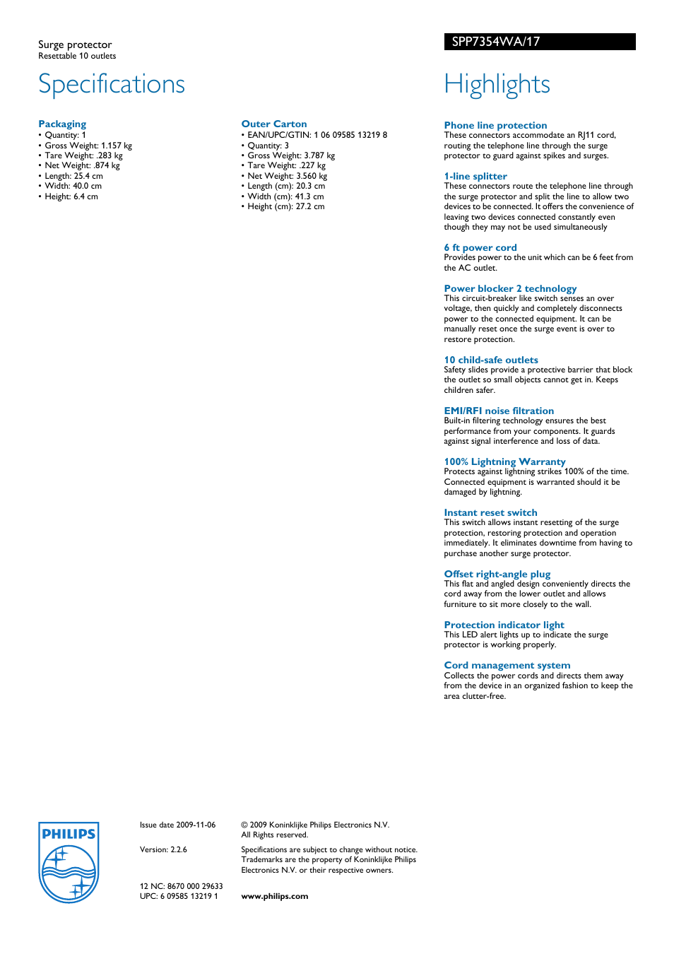 Specifications, Highlights | Philips SPP7354WA-17 User Manual | Page 2 / 2