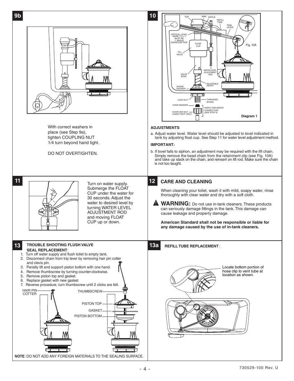 10 9b, 13 13a, Warning | Care and cleaning | American Standard Champion 4 2443 User Manual | Page 4 / 5