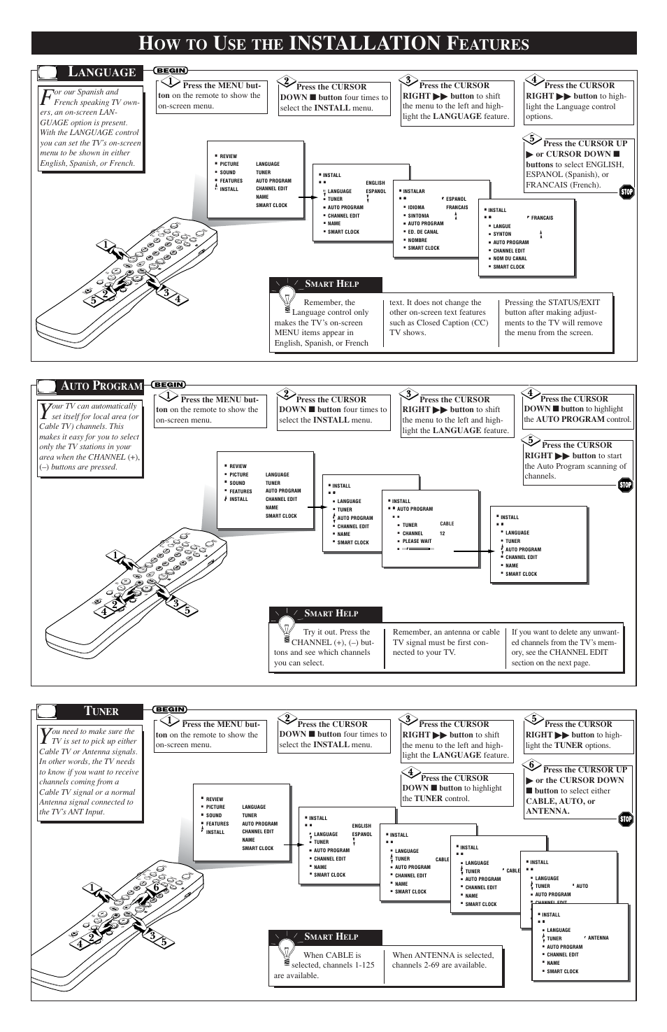 Installation f, Ow to, Se the | Eatures, Anguage | Philips TP2784C User Manual | Page 2 / 4