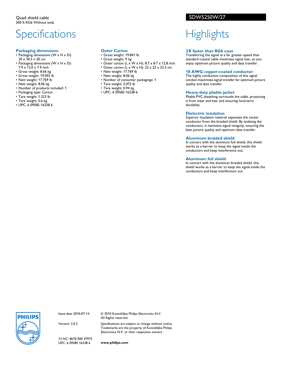 Specifications, Highlights | Philips SDW5250W-27 User Manual | Page 2 / 2