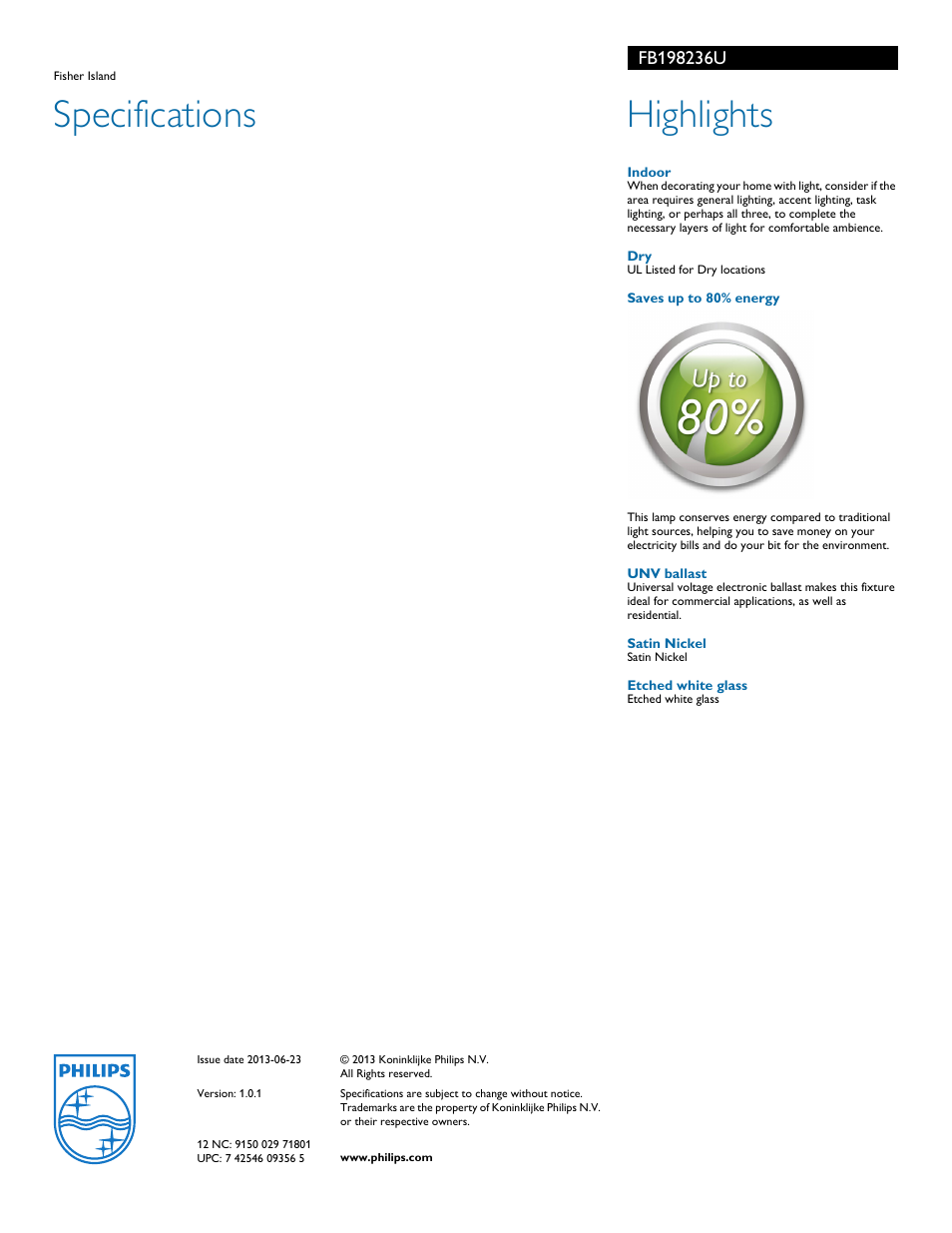Specifications, Highlights | Philips FB198236U User Manual | Page 2 / 2