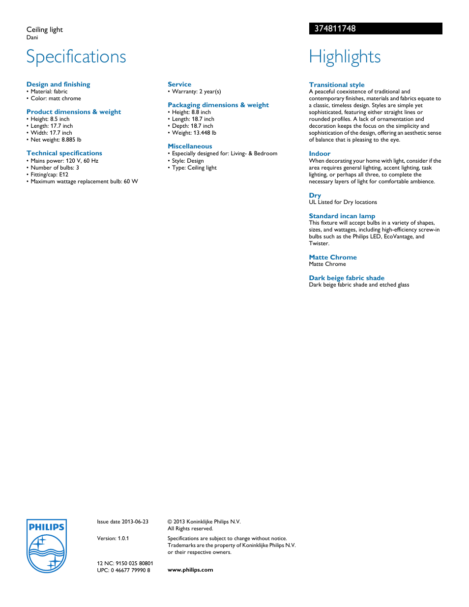 Specifications, Highlights | Philips 374811748 User Manual | Page 2 / 2