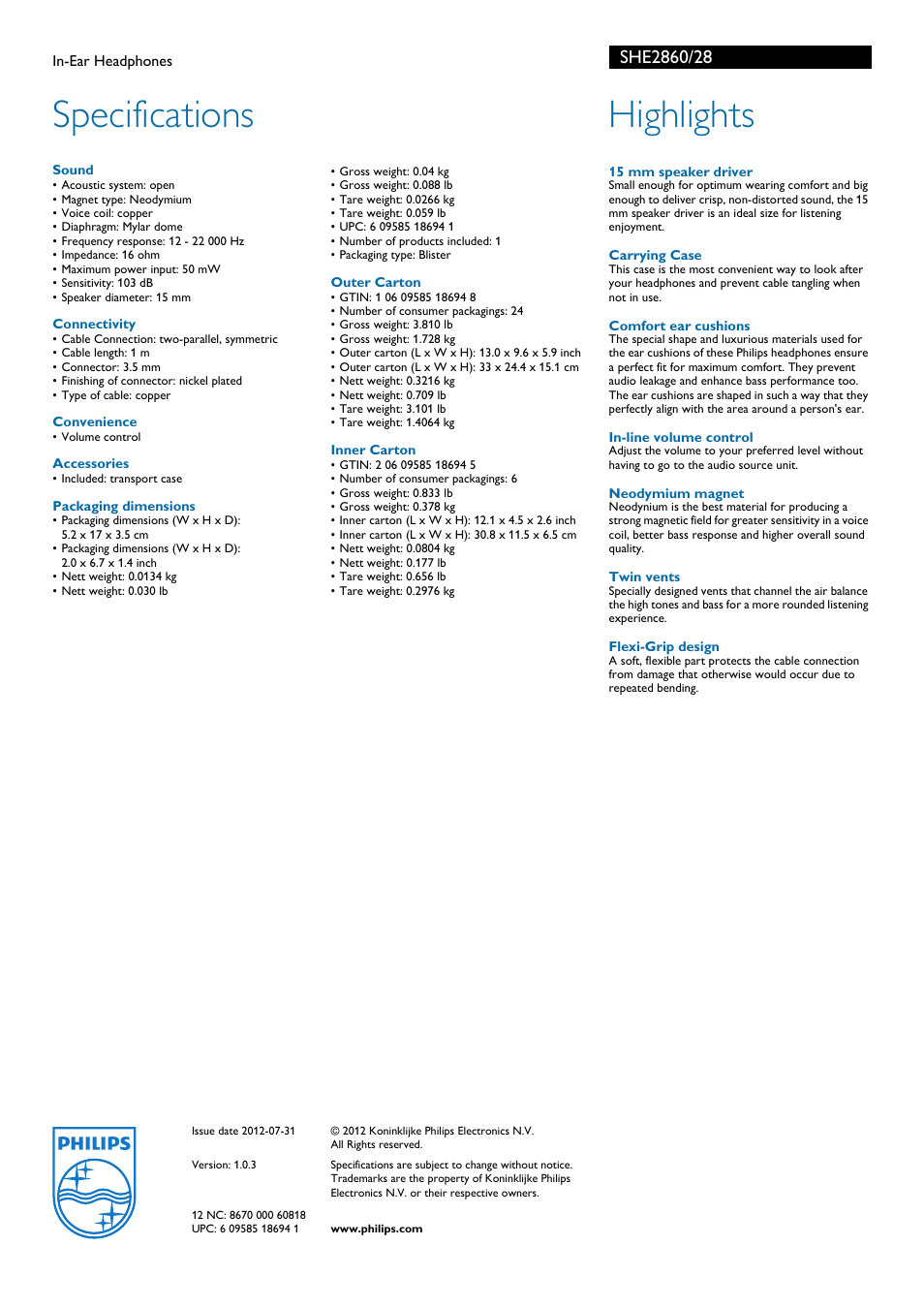 Specifications, Highlights | Philips SHE2860-28 User Manual | Page 2 / 2